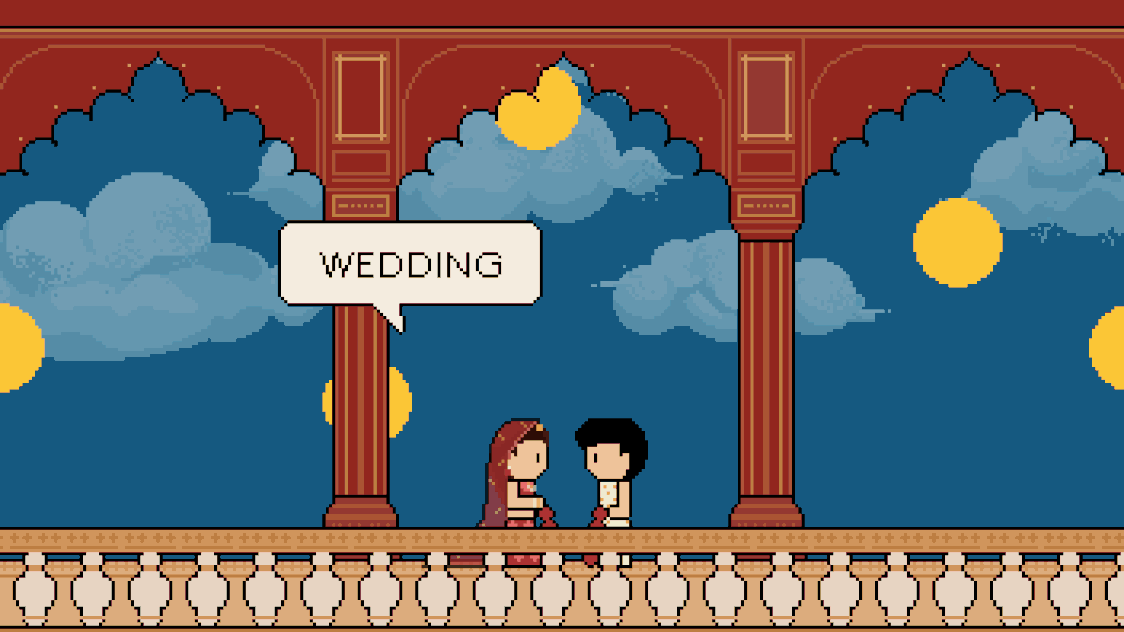 Pixel art couple with 'WEDDING' speech bubble